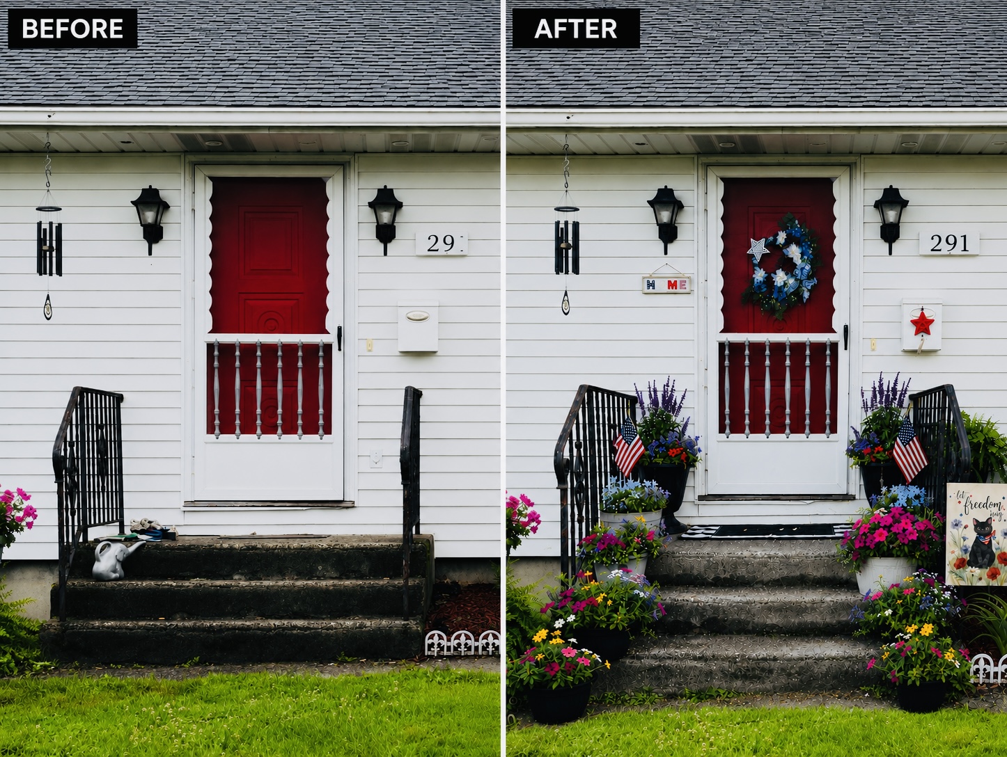 Before and after of a white cottage porch β patriotic wreath, American flags, and lush planters of petunias and lavender