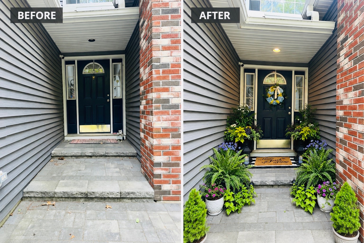 Before and after of a front porch styled by Sara β wreath, layered planters, ferns, and welcome mat