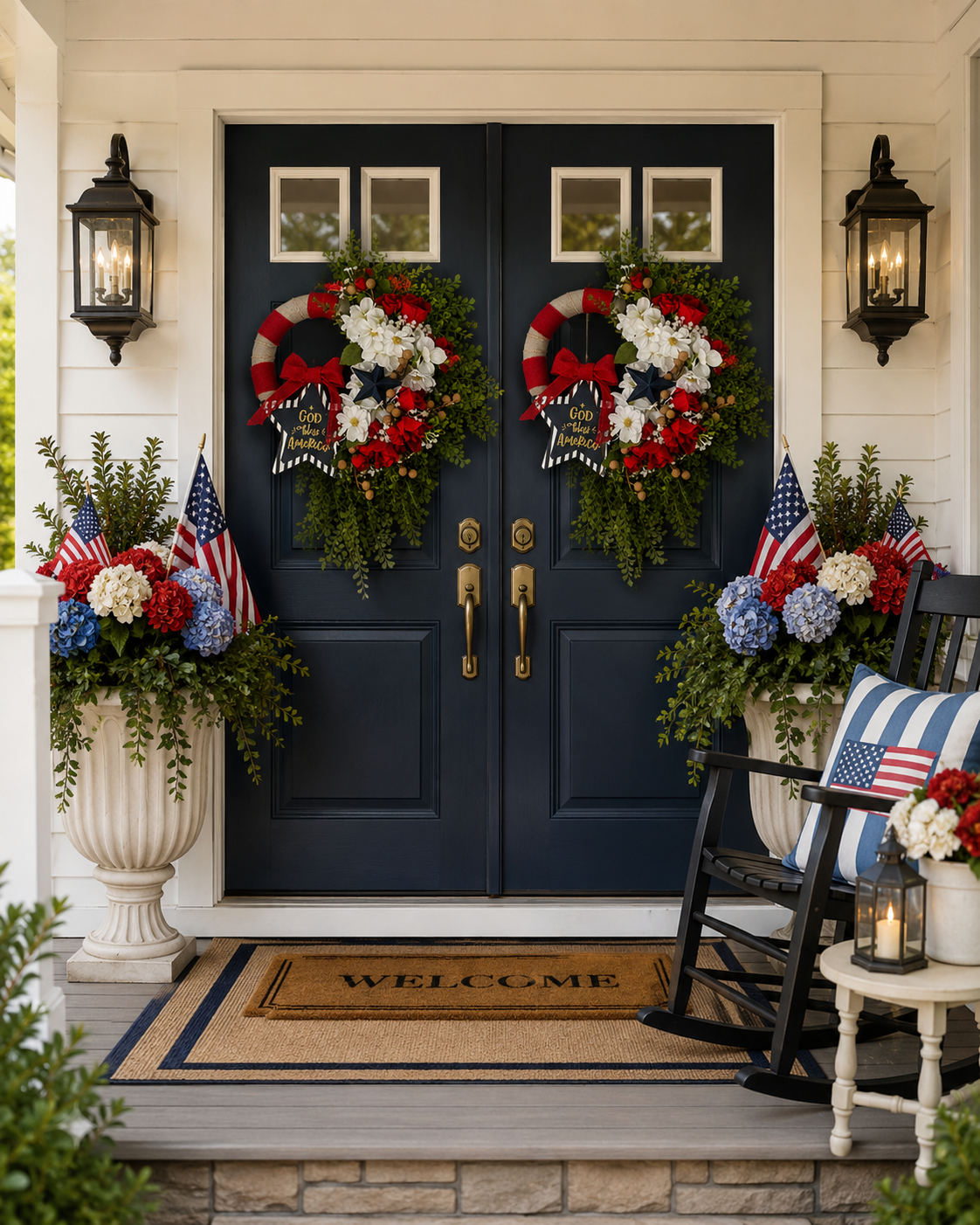 Tulip floral arrangement on green front door