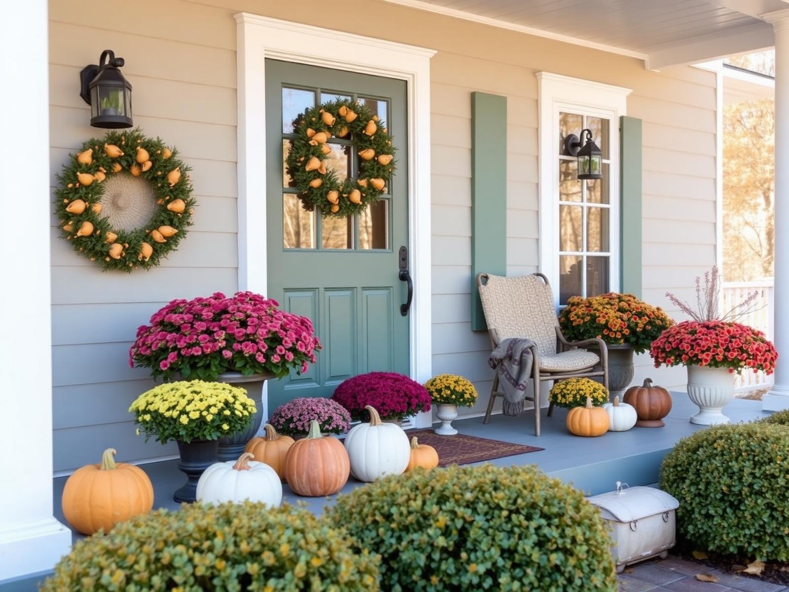 Beautifully decorated seasonal porch with mums and pumpkins